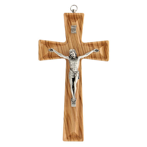 Geformtes Kruzifix aus Olivenbaumholz mit Christuskőrper aus Metall, 20 cm 1