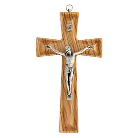 Bell-mouthed carved crucifix, olivewood and metal, 20 cm