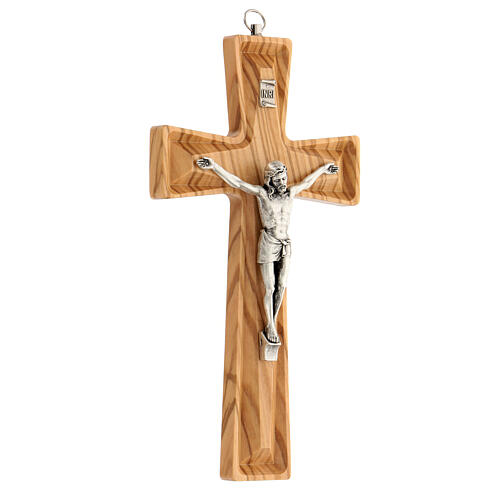Bell-mouthed carved crucifix, olivewood and metal, 20 cm 2