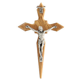 Olivewood wall crucifix, metallic Christ, 11 cm