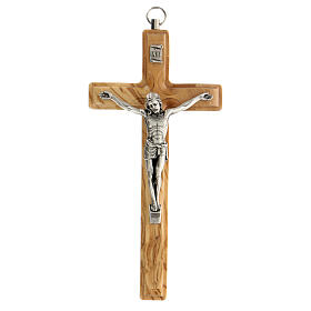 Catholic wall crucifix in olive wood with metal body of Christ 16 cm
