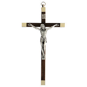 Walnut crucifix, metal body of Christ, 16 cm