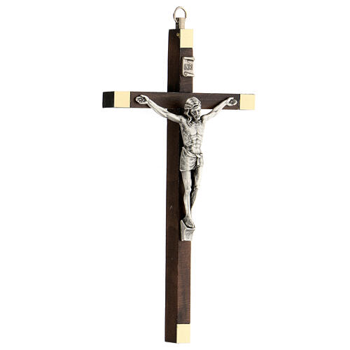 Walnut crucifix, metal body of Christ, 16 cm 2