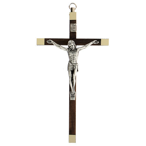 Wall crucifix in walnut wood with metal Christ body 16 cm 1