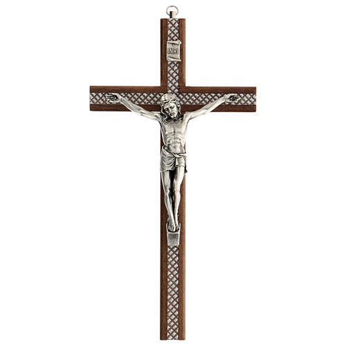 Kruzifix aus Holz mit Einsätzen aus Plexiglas und mit Christuskőrper aus Metall, 25 cm 1