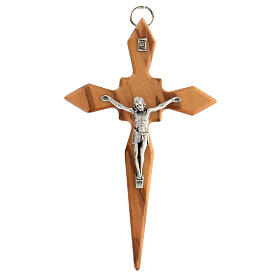 Olivewood crucifix, pointy arms, metal body of Christ, 15 cm