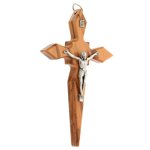 Olivewood crucifix, pointy arms, metal body of Christ, 15 cm 2