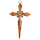 Olivewood crucifix, pointy arms, metal body of Christ, 15 cm s1