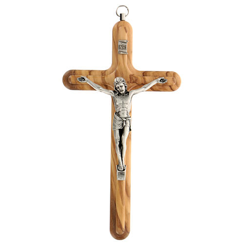 Kruzifix aus abgerundetem Olivenbaumholz mit Jesus aus Metall, 20 cm 1