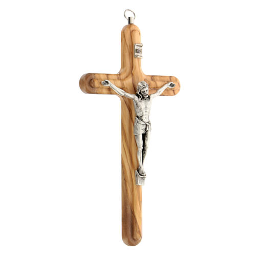 Kruzifix aus abgerundetem Olivenbaumholz mit Jesus aus Metall, 20 cm 2