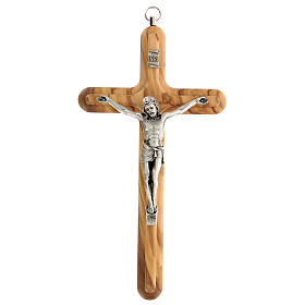 Krucyfiks drewno oliwne, zaokrąglone końce, Chrystus metalowy, 20 cm