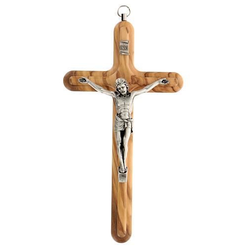 Crucifixo redondo em madeira de oliveira Jesus metal 20 cm 1