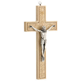 Wood crucifix, leaf design, metallic body of Christ, 24 cm