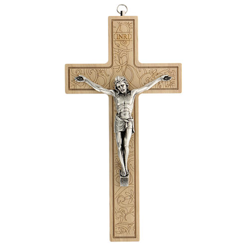 Wood crucifix, leaf design, metallic body of Christ, 24 cm 1