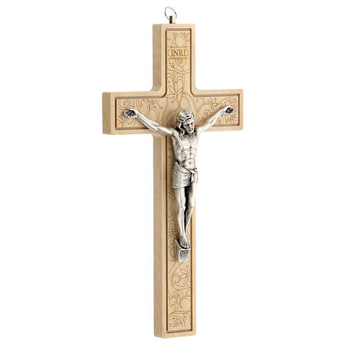 Wood crucifix, leaf design, metallic body of Christ, 24 cm 2