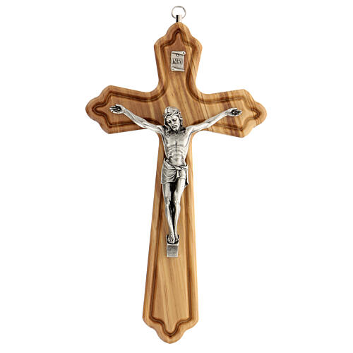 Crucifixo de madeira de oliveira INRI e Cristo de metal 25 cm 1