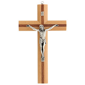 Wall crucifix, walnut and pear wood, metallic body of Christ, 30 cm