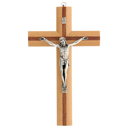 Wall crucifix, walnut and pear wood, metallic body of Christ, 30 cm 1
