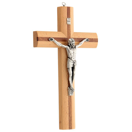 Wall crucifix, walnut and pear wood, metallic body of Christ, 30 cm 2