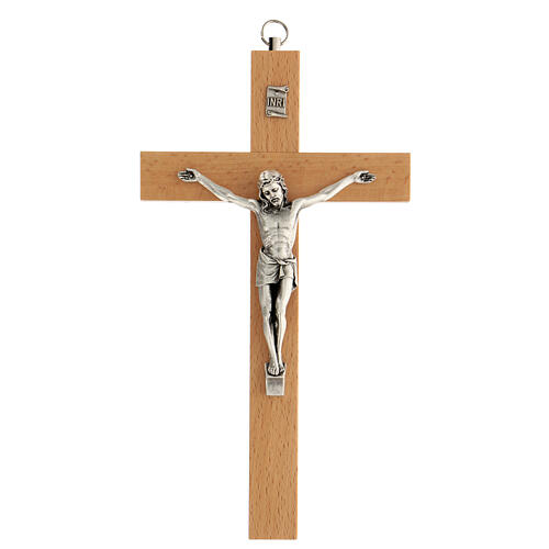 Pear wood crucifix, metal body of Christ, 20 cm 1