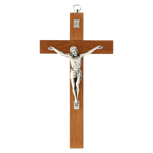 Pear wood crucifix, metal body of Christ, 20 cm 1