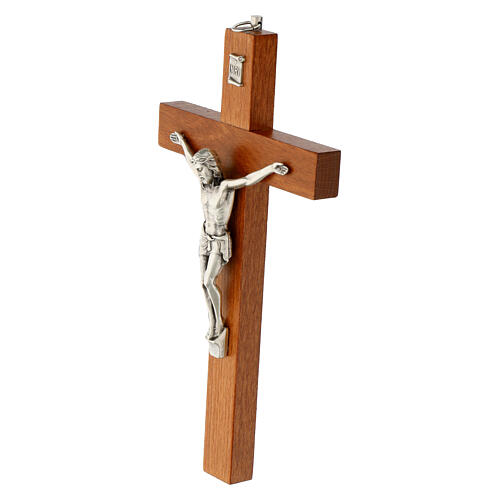 Pear wood crucifix, metal body of Christ, 20 cm 2