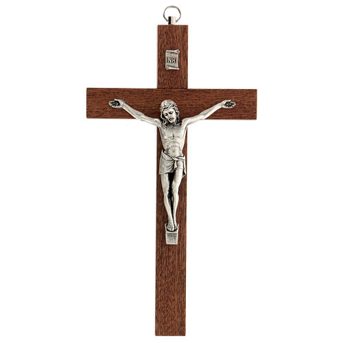 Kruzifix aus Mahagoniholz mit Christuskőrper und INRI aus versilbertem Metall, 20 cm 1