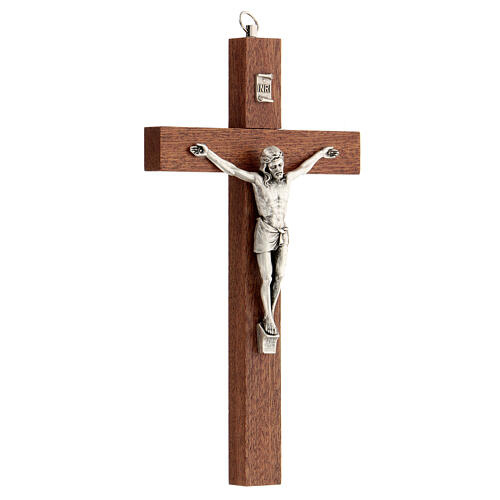 Kruzifix aus Mahagoniholz mit Christuskőrper und INRI aus versilbertem Metall, 20 cm 2