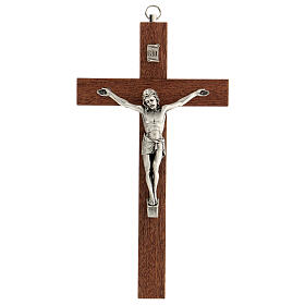 Mahogany crucifix, metallic INRI plate and body, 20 cm