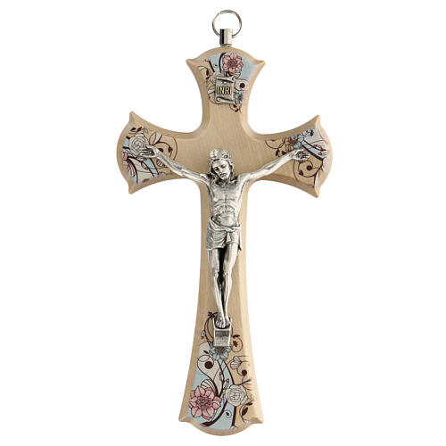 Kruzifix mit bunten gedruckten Dekorationen und Christus aus versilbertem Metall, 15 cm 1