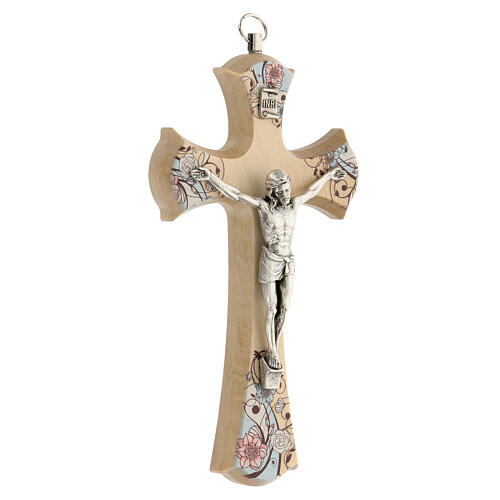Kruzifix mit bunten gedruckten Dekorationen und Christus aus versilbertem Metall, 15 cm 2