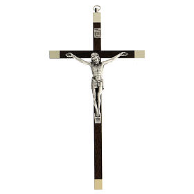 Kruzifix aus glattem Nussbaumholz mit Christuskőrper aus Metall, 23 cm
