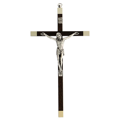 Kruzifix aus glattem Nussbaumholz mit Christuskőrper aus Metall, 23 cm 1