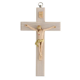 Crucifix bois frêne verni Christ couronne dorée 17 cm
