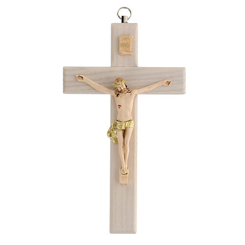 Crucifix bois frêne verni Christ couronne dorée 17 cm 1