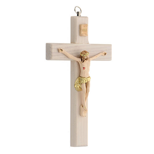 Crucifix bois frêne verni Christ couronne dorée 17 cm 2