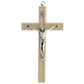 Kruzifix aus hellem Holz mit Einsätzen aus Plexiglas mit Christuskőrper aus Metall, 20 cm