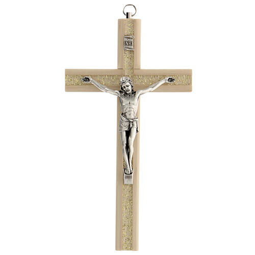 Kruzifix aus hellem Holz mit Einsätzen aus Plexiglas mit Christuskőrper aus Metall, 20 cm 1