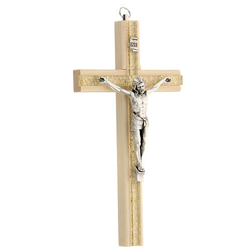Kruzifix aus hellem Holz mit Einsätzen aus Plexiglas mit Christuskőrper aus Metall, 20 cm 2