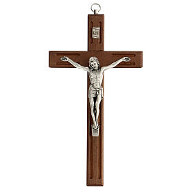 Dark wood crucifix with carved lines and metallic body of Christ 20 cm