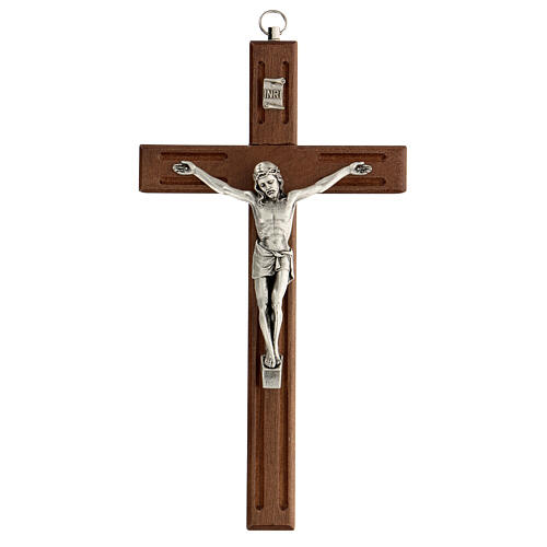 Dark wood crucifix with carved lines and metallic body of Christ 20 cm 1