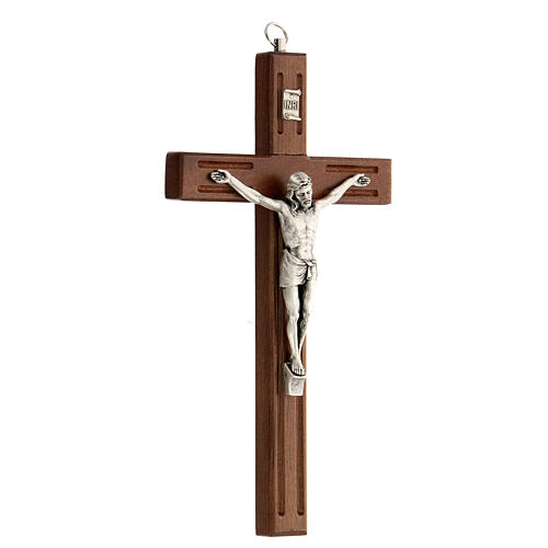 Dark wood crucifix with carved lines and metallic body of Christ 20 cm 2