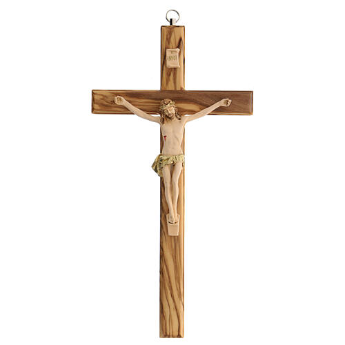 Kruzifix aus Olivenbaumholz mit handbemaltem Christuskőrper aus Harz, 25 cm 1