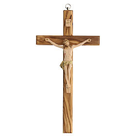 Krucyfiks drewno oliwne, Chrystus żywica ręcznie malowana, 25 cm.