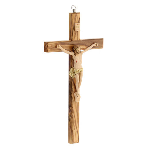 Krucyfiks drewno oliwne, Chrystus żywica ręcznie malowana, 25 cm. 2