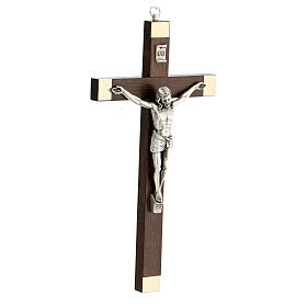 Kruzifix aus Nussbaumholz mit Platten und Christuskőrper aus Metall, 25 cm