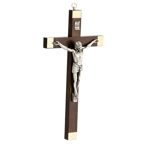 Walnut crucifix, metallic ends and Christ, 25 cm 2