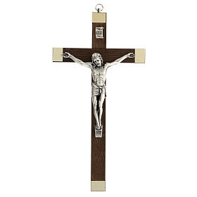 Krucyfiks drewno orzechowe, płytki na końcach, Chrystus metalowy, 25 cm