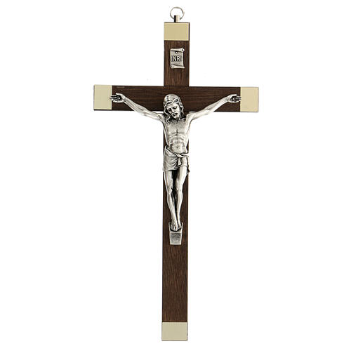 Krucyfiks drewno orzechowe, płytki na końcach, Chrystus metalowy, 25 cm 1