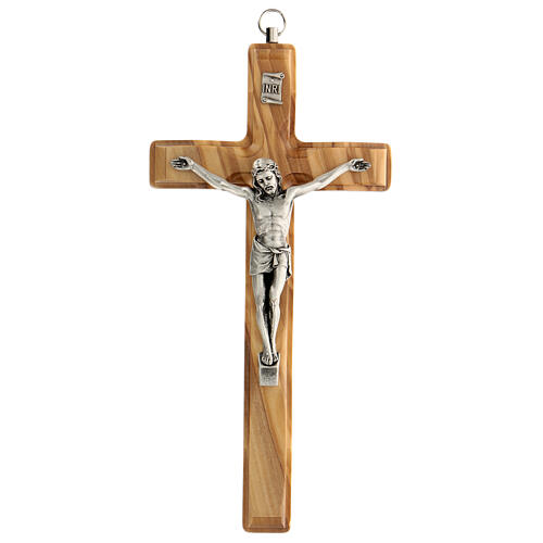 Kruzifix aus Olivenbaumholz mit Christuskőrper aus versilbertem Metall, 20 cm 1
